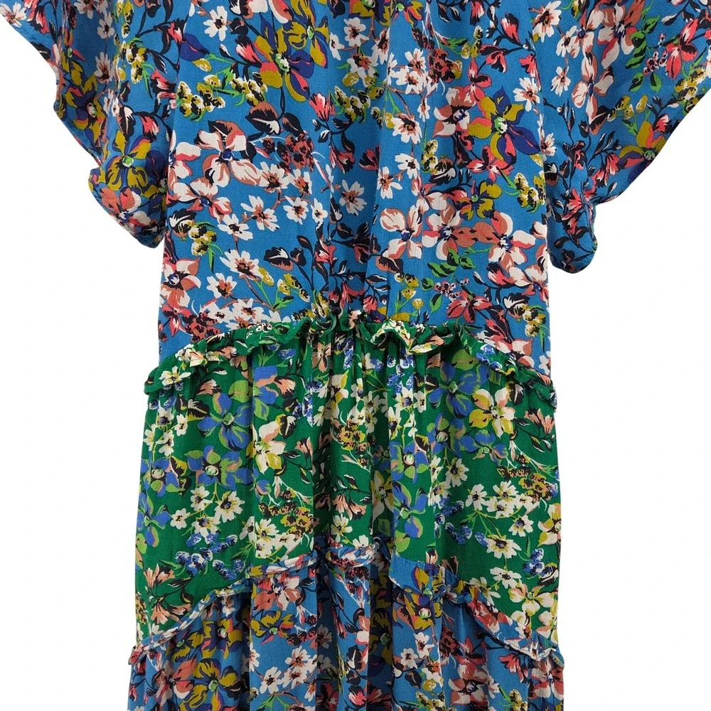 Anthropologie Robin Tiered Mini Dress Blue Green Floral Boho Cottagecore S
